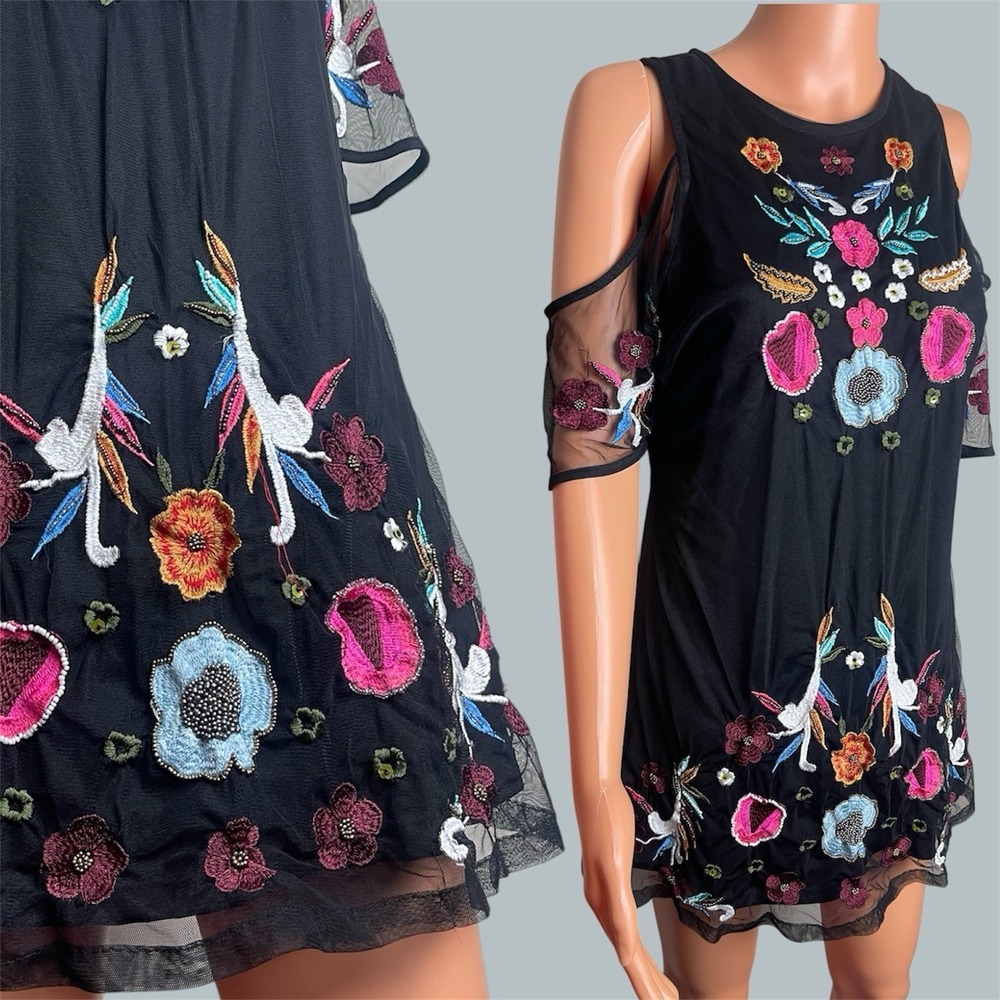 Kyra Tunic Top Black Cold Shoulder Embroidered Floral Tulle Whimsigoth Fairy M